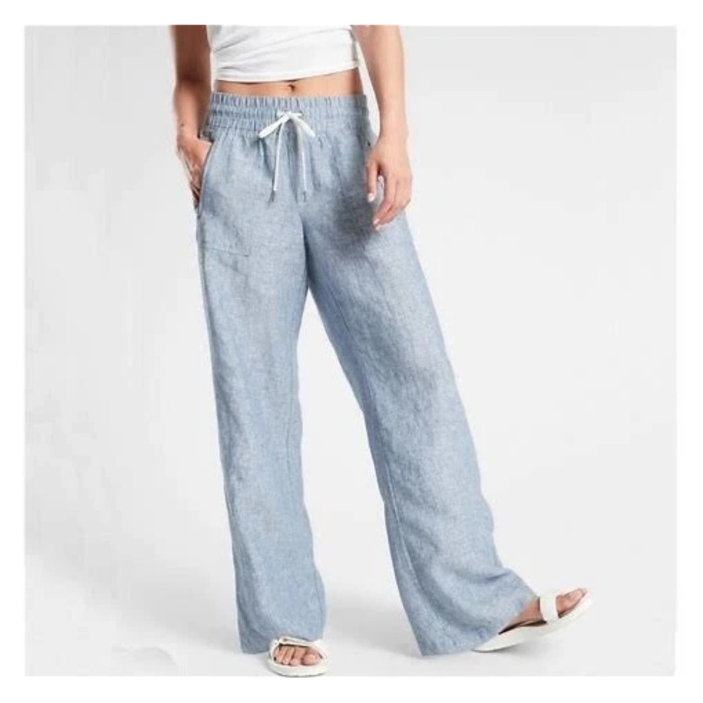Athleta Cabo Linen Wide Leg Pants Women Sz 0 Chambray Pull On Beachy BOHO Travel